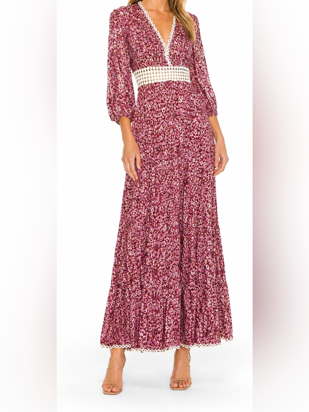 Poupette St. Barth Joan Floral Red Maxi Dress M Boho Romantic Crochet Festival